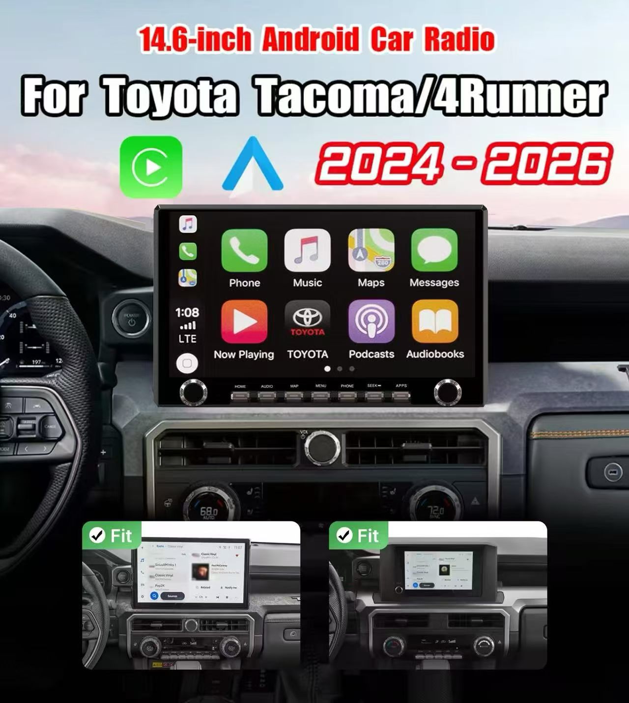 2016-2026 Toyota Tacoma 4Runner 3rd 4th Gen 14.6" 2K Android Head Unit Wireless CarPlay & Android Auto - Plug & Play Stereo Upgrade