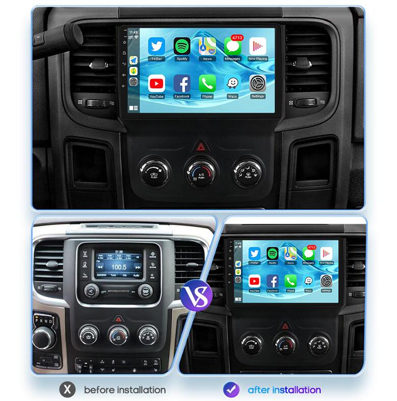 9-Inch Touch Screen Stereo Navigation Head Unit for 2013–2018 Dodge RAM 1500/2500/3500 Manual AC – Android Auto & Wireless Apple CarPlay Upgrade